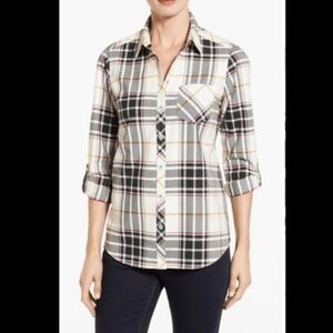 FOXCROFT herringbone plaid roll sleeve shirt 8 M